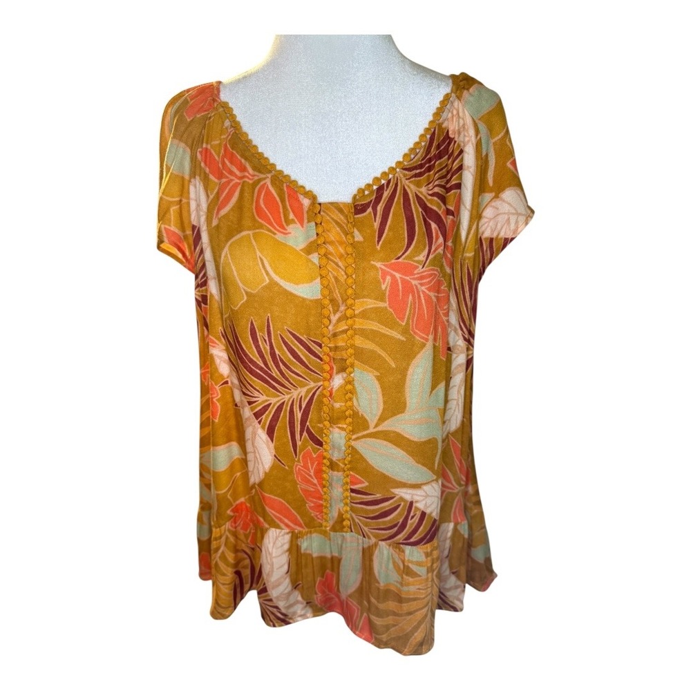 DR2 Floral Print Top Button Up V Neck Short Sleeve Blouse XL NWT‎